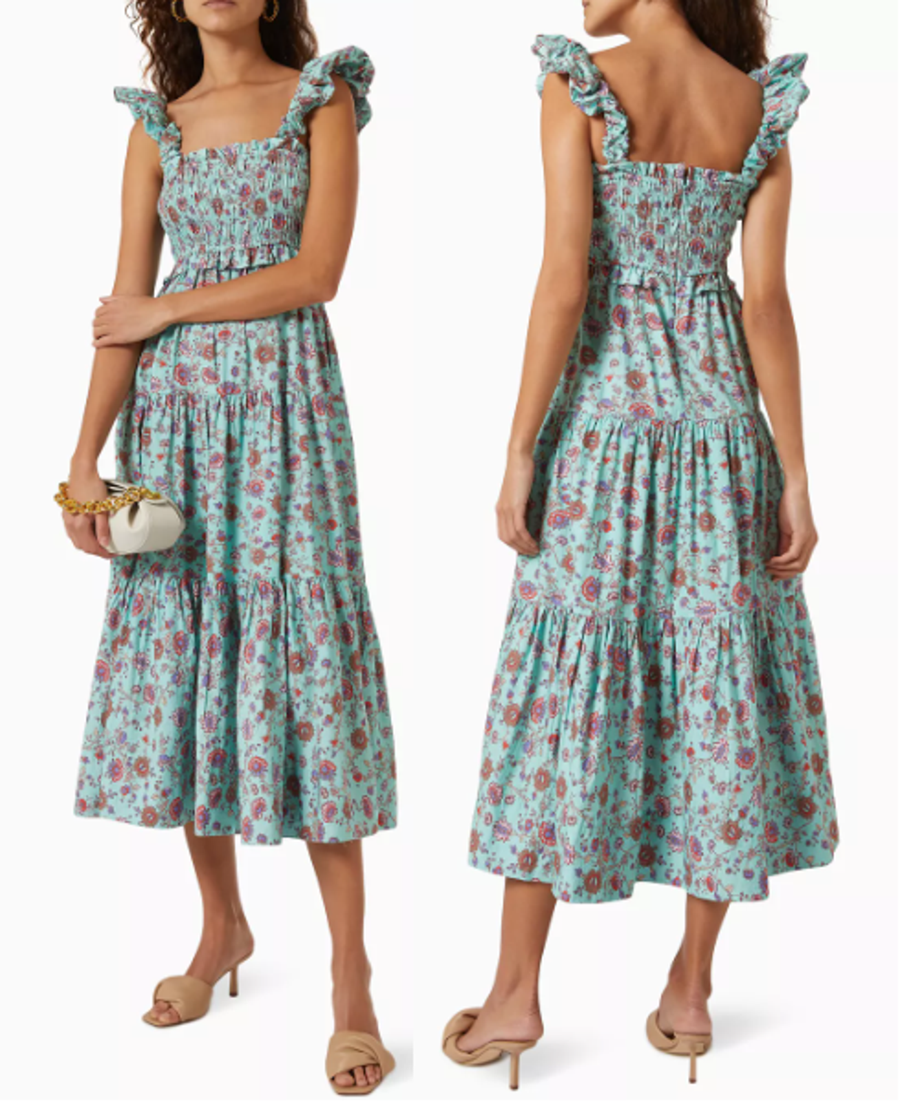 Sea New York Brita Cotton Floral Ruffle Trim Smocked Midi Sundress Blue Large